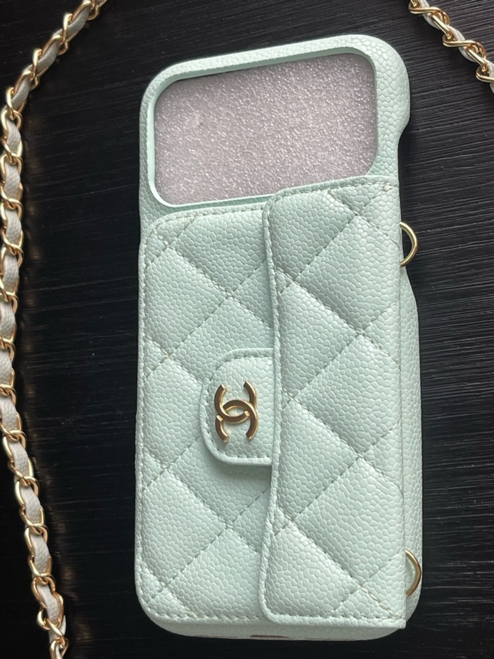 iPhone 17 Pro Max Quilted Teal Green Crossbody Phone Case with Gold Chain. - Picture 3 of 5